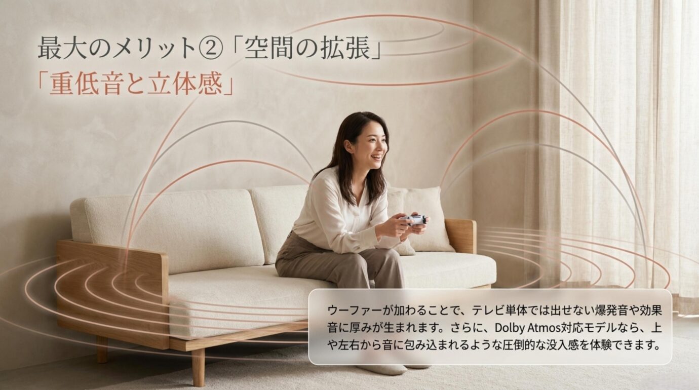 サウンドバーで重低音と立体感を高める サウンドバーによる重低音と立体音響の広がりを表現したリビング