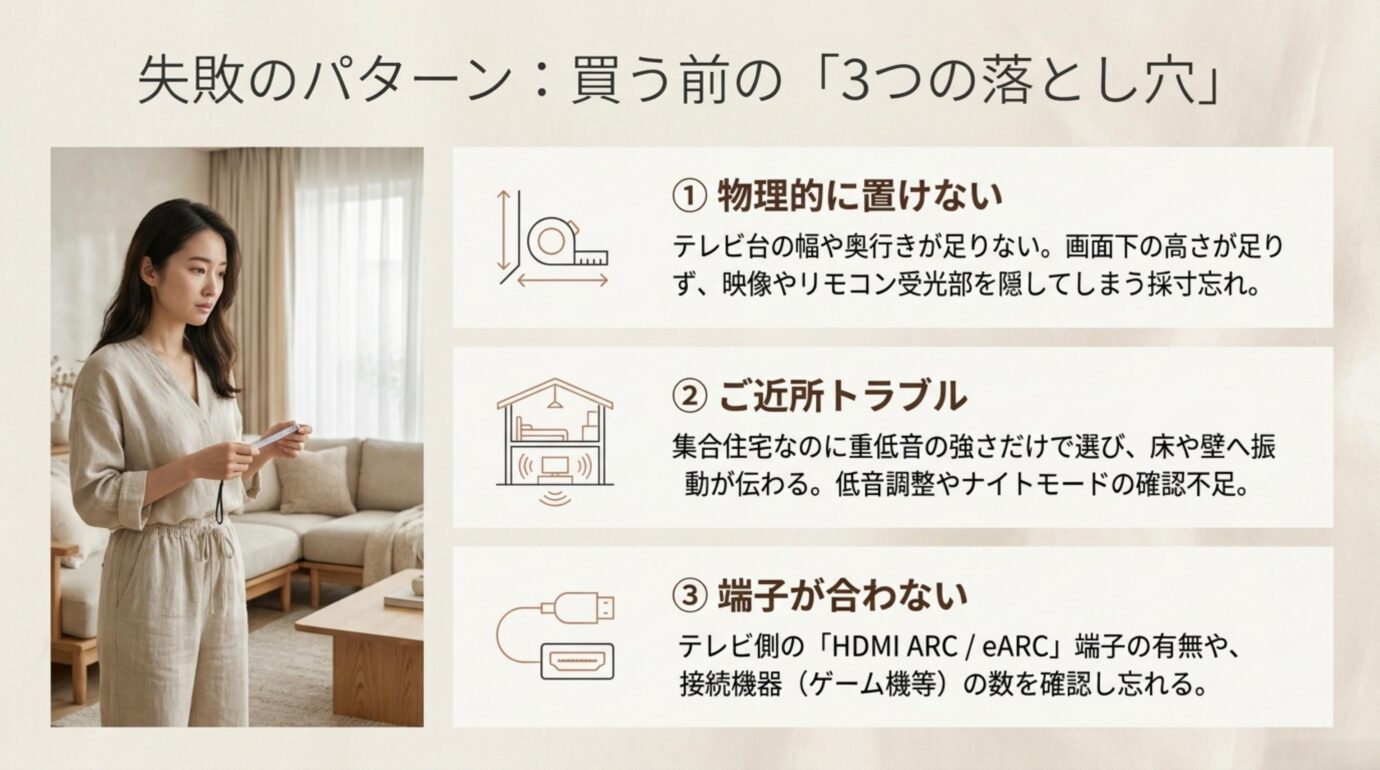 サウンドバー購入前に注意したい3つの失敗 サウンドバー購入前に確認したい設置スペース・近所への低音・HDMI端子の3つの失敗例