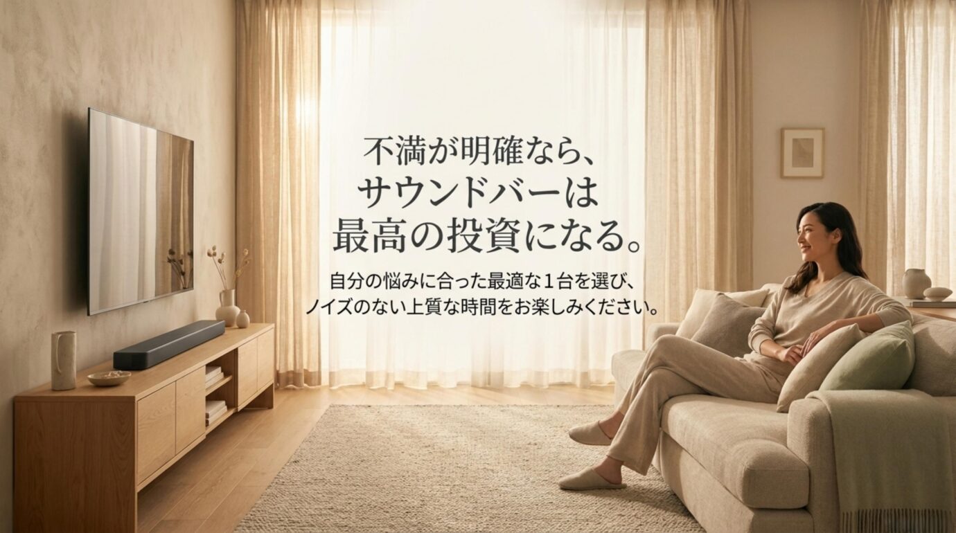 自分の不満に合ったサウンドバーなら満足度を高めやすい テレビとサウンドバーのあるリビングで快適に視聴する女性