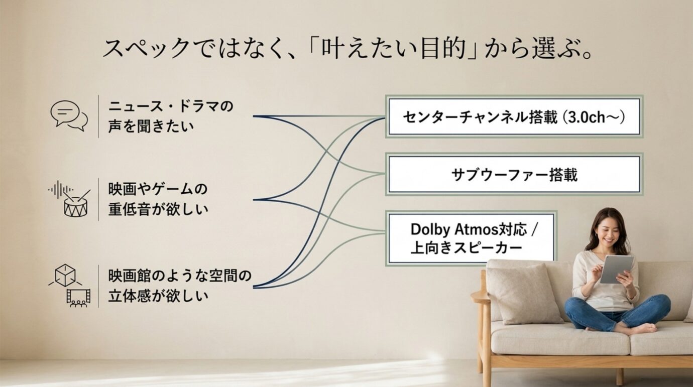 セリフと重低音と立体音響の目的別に必要な機能を示した選び方