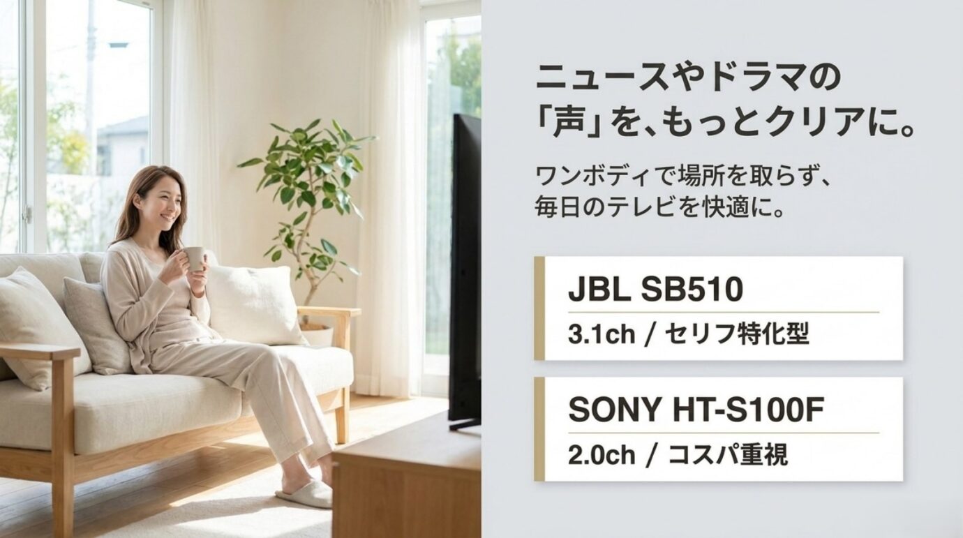 セリフ重視のJBL SB510とコストパフォーマンス重視のソニー HT-S100Fを比較するスライド
