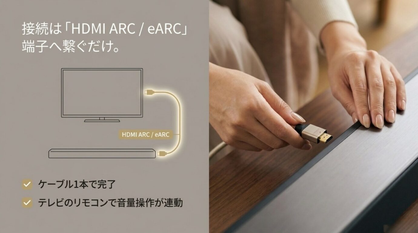 テレビとサウンドバーをHDMI ARCまたはeARC端子へケーブル1本で接続する図