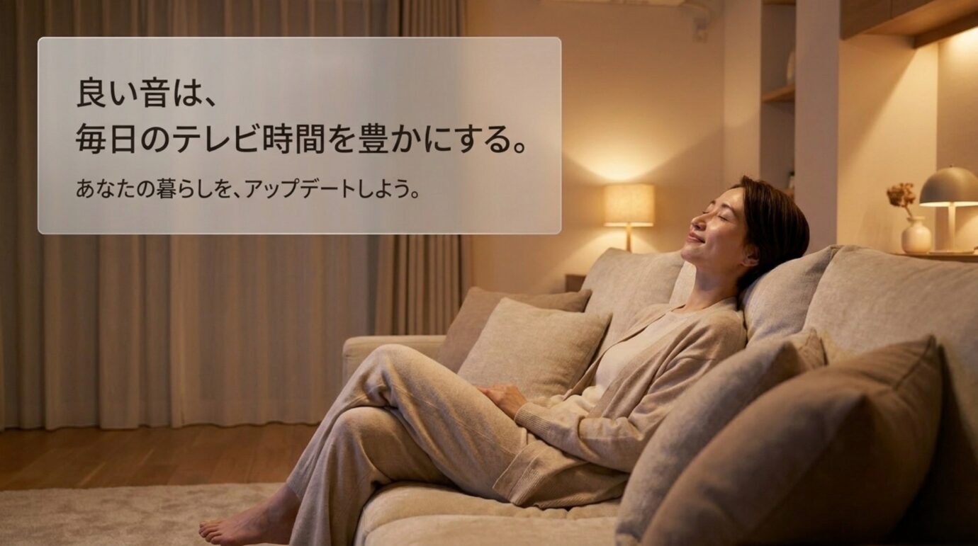 サウンドバーの良い音で自宅のテレビ視聴を楽しむ様子