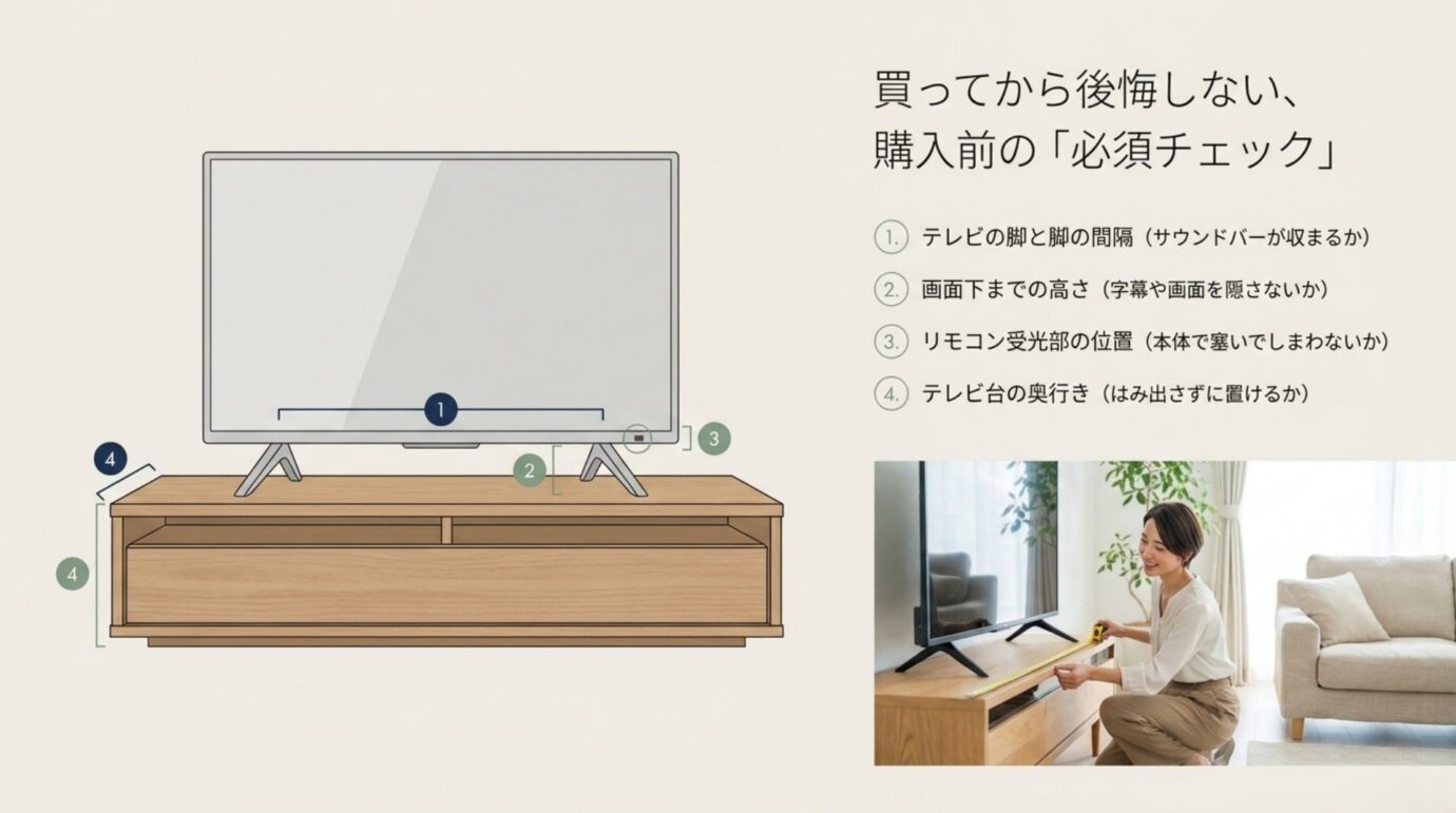 テレビの脚の間隔と画面下の高さとリモコン受光部と奥行きの確認箇所