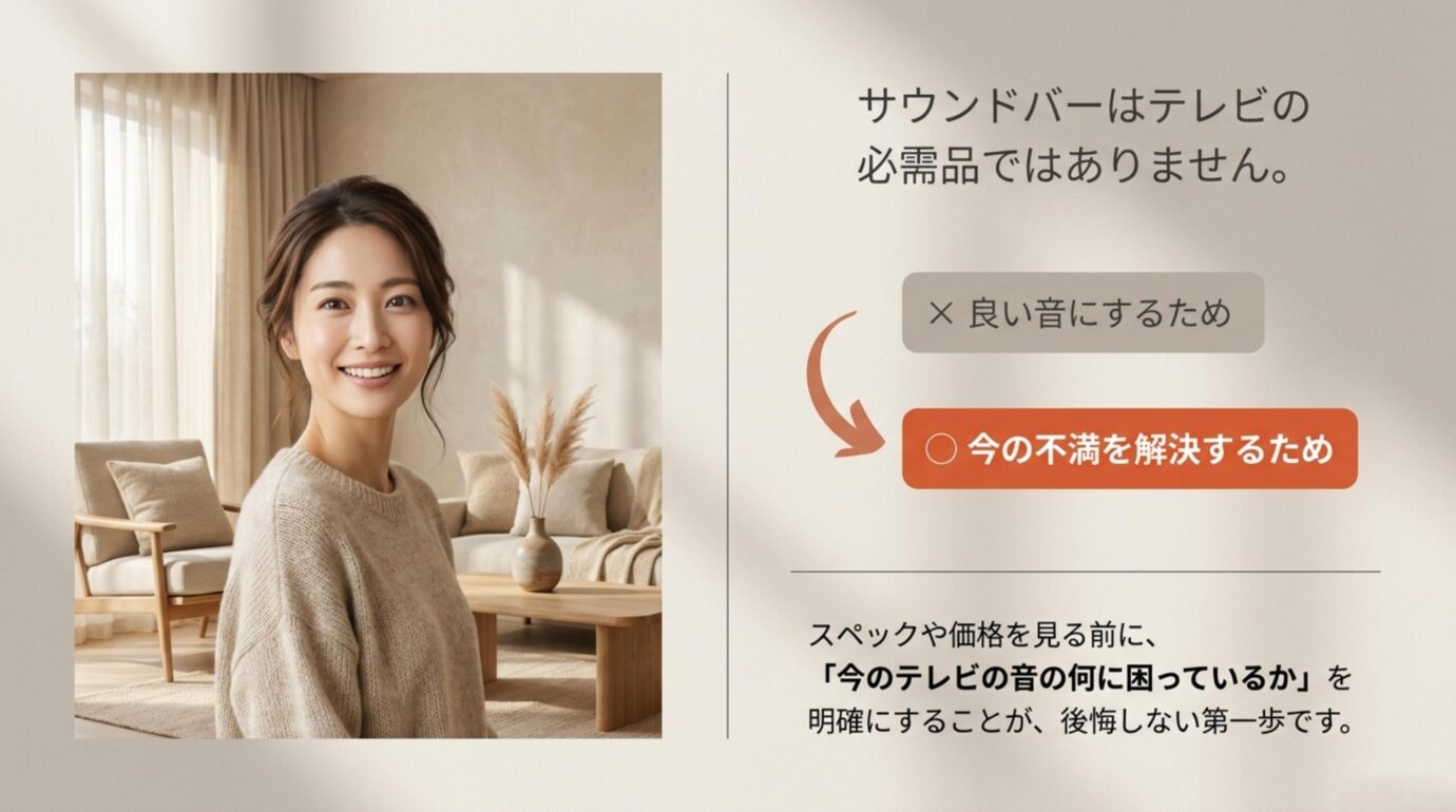 サウンドバーの必要性を判断する基準 サウンドバーは必需品ではなく今のテレビ音声の不満を解決するために選ぶという判断基準