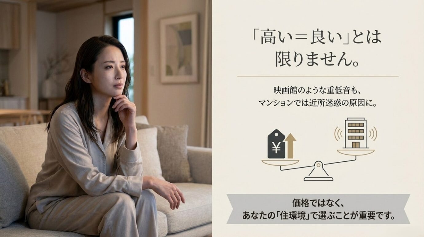 価格とマンションの近所迷惑を比較し、住環境でサウンドバーを選ぶ重要性を示すスライド