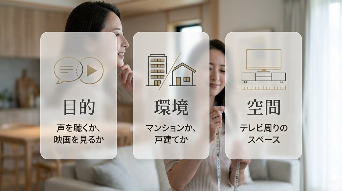 目的・住宅環境・テレビ周りの空間というサウンドバー選びの3基準を示すスライド