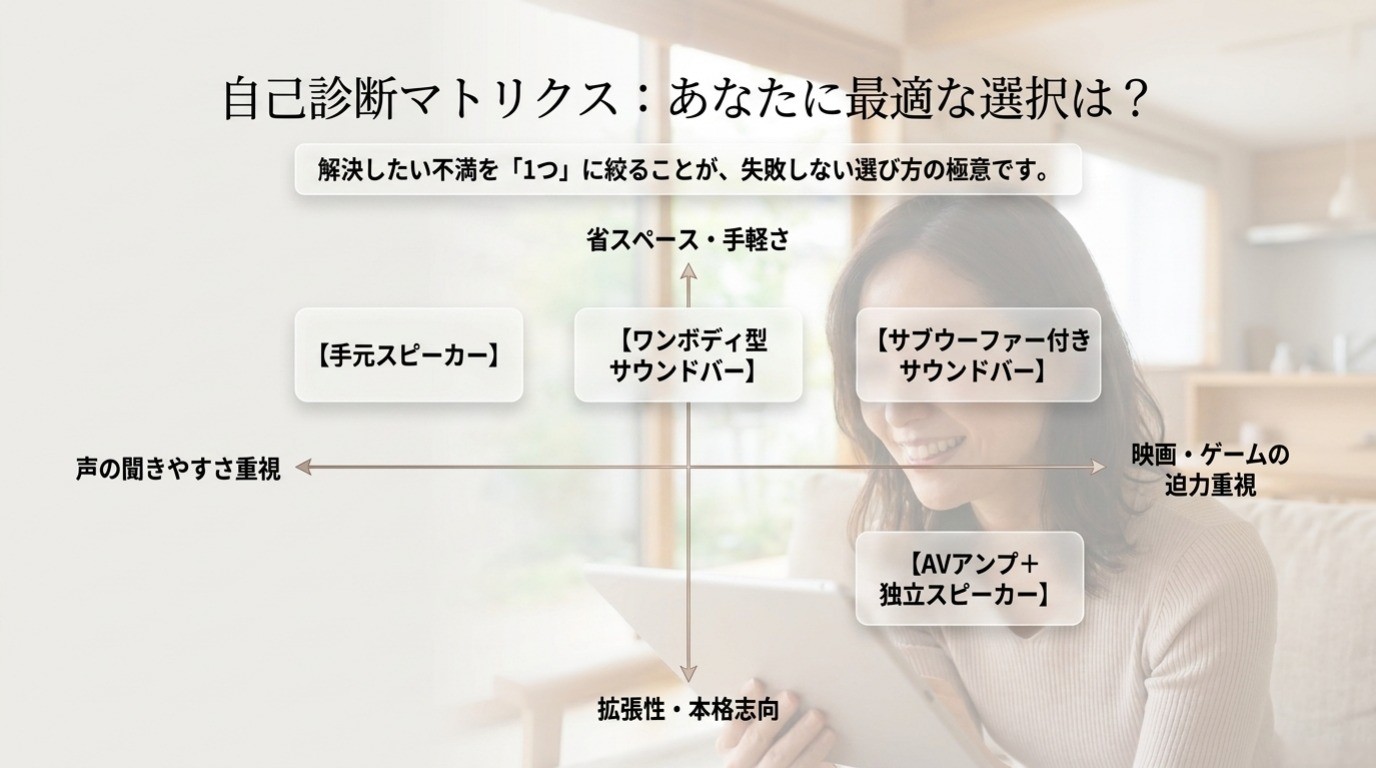 声の聞きやすさ、映画やゲームの迫力、省スペース、拡張性から手元スピーカーやサウンドバー、AVアンプを選ぶ自己診断図