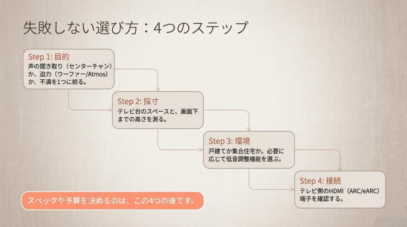 失敗しないサウンドバー選び4ステップ 目的・設置スペース・住宅環境・HDMI接続の順で確認するサウンドバー選びの4ステップ