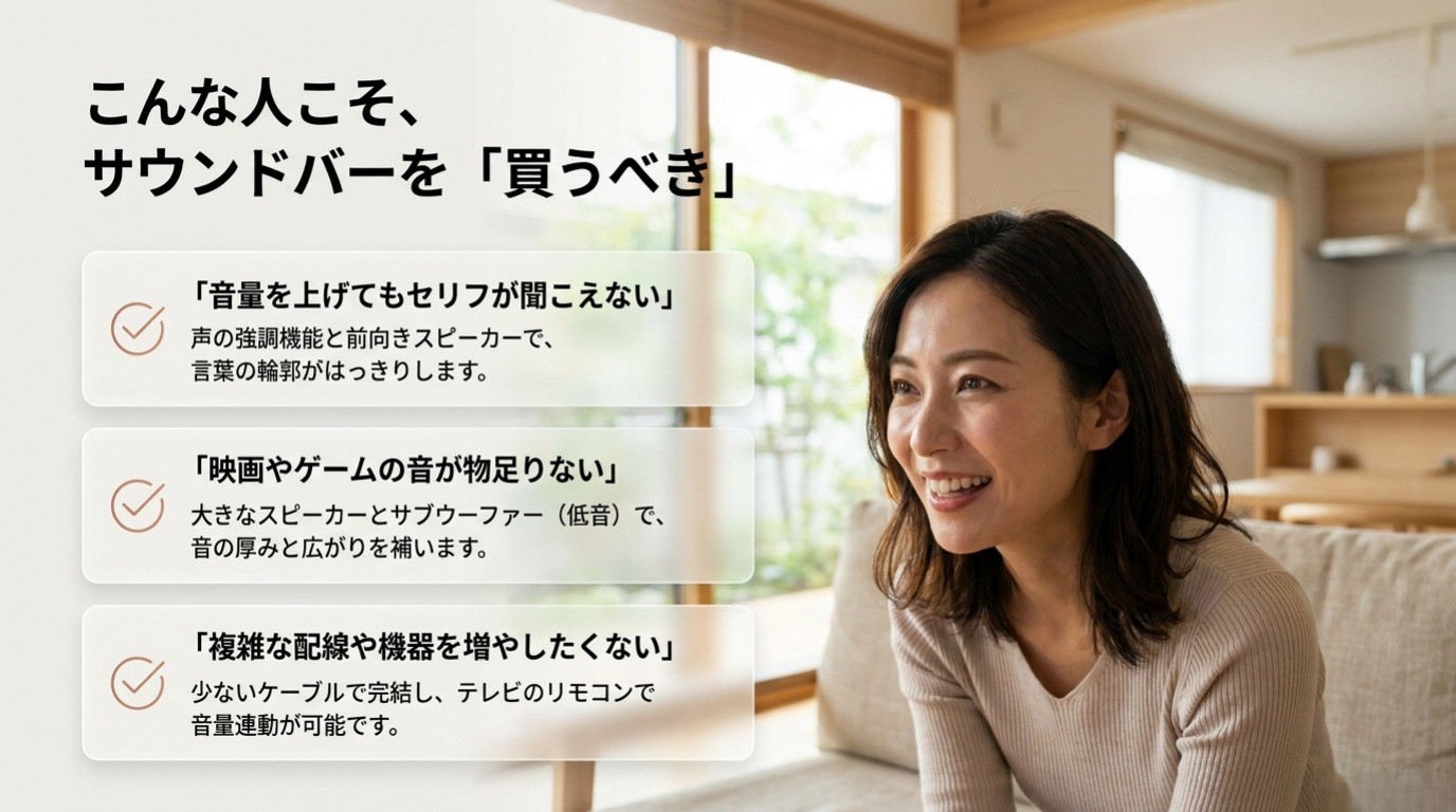 テレビのセリフが聞き取りにくい人、映画やゲームの迫力が欲しい人、複雑な配線を増やしたくない人を示した図