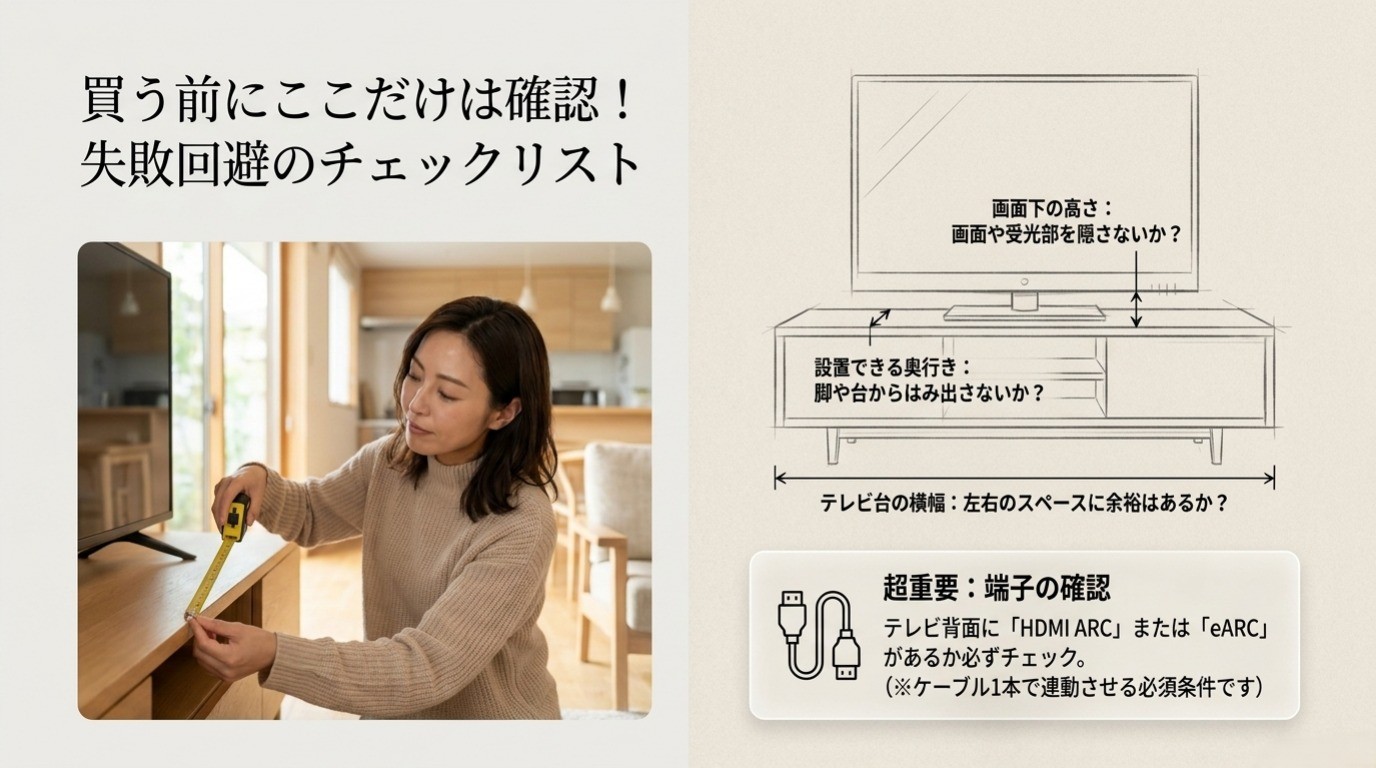 テレビ台の横幅、画面下の高さ、設置する奥行き、HDMI ARCまたはeARC端子を確認するサウンドバー購入前チェック図