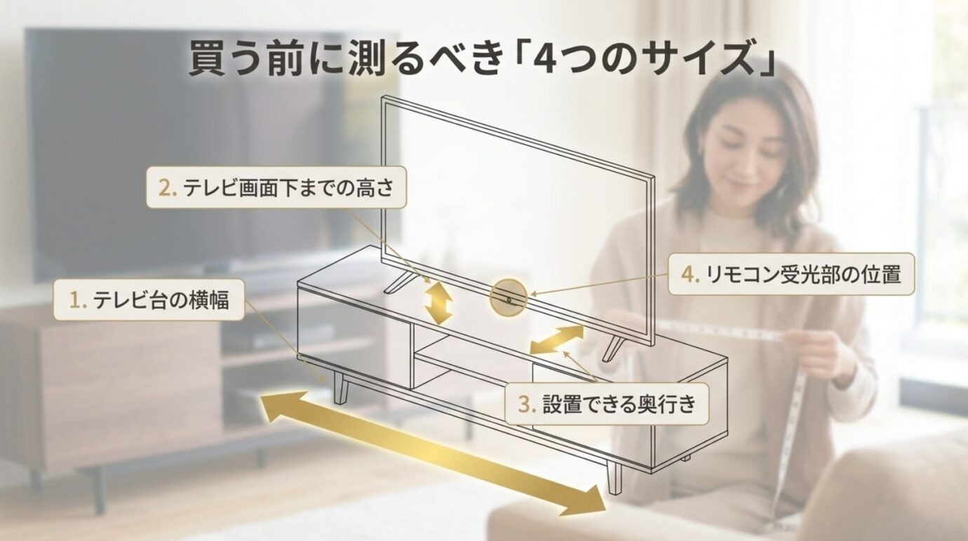 テレビ台の横幅、画面下の高さ、設置奥行き、リモコン受光部の位置を測る図