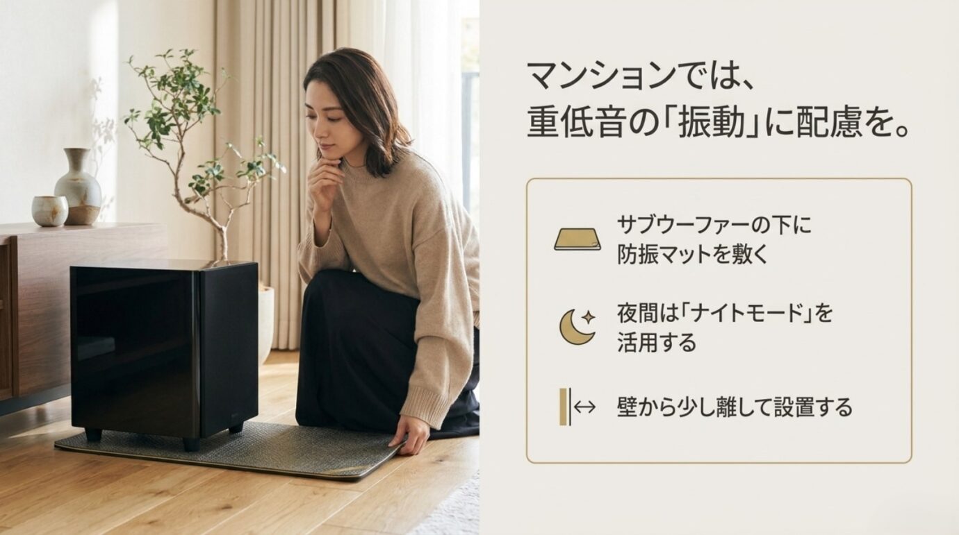 防振マット、ナイトモード、壁から離す設置でサブウーファーの振動を抑えるスライド