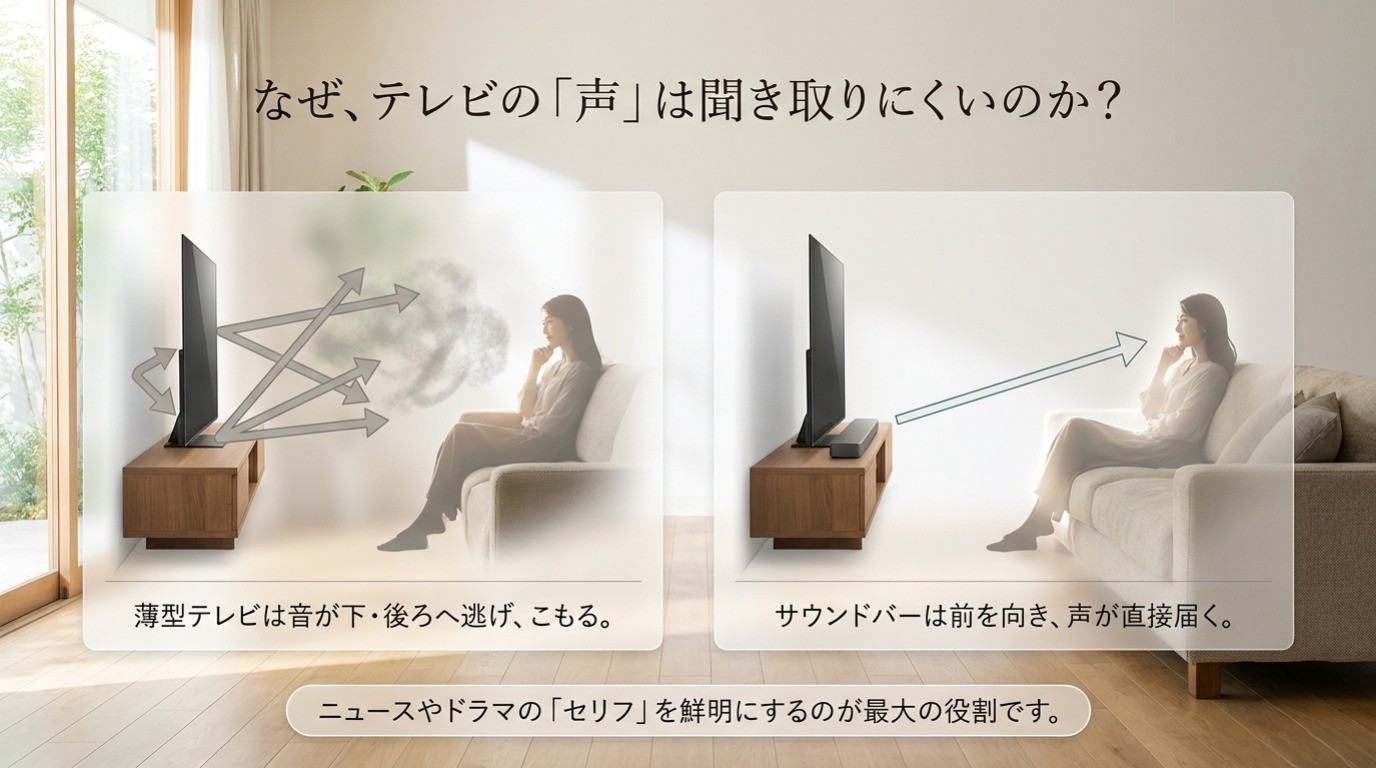 薄型テレビは音が下や後ろへ逃げ、サウンドバーは前方へ声を直接届ける違いを示した比較図