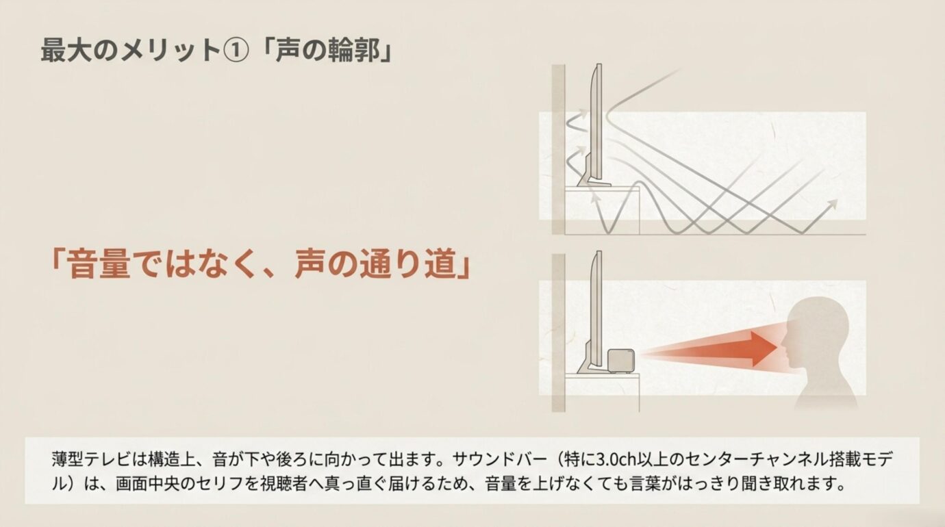 サウンドバーのメリットは音量ではなく声の通り道 薄型テレビの反射音とサウンドバーから視聴者へ直接届く音を比較した図