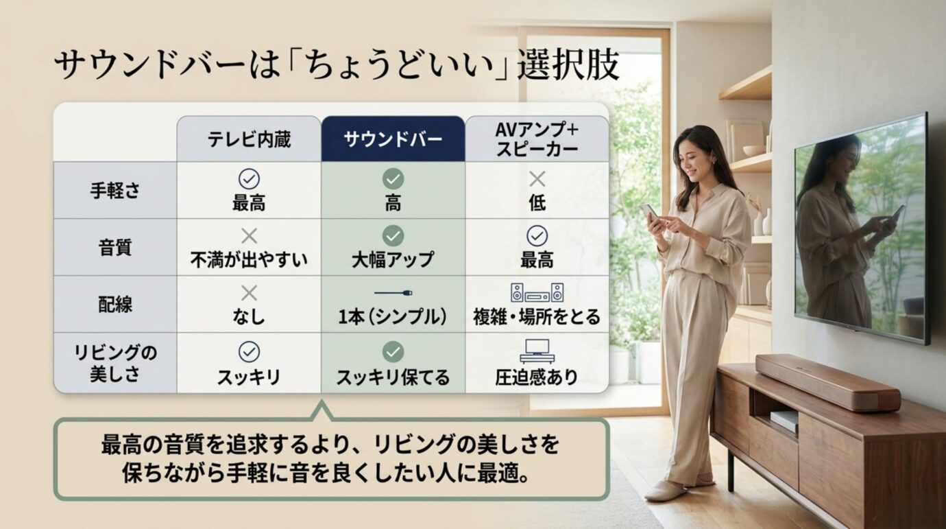 テレビ内蔵スピーカーとサウンドバーとAVアンプの手軽さや音質を比較した表