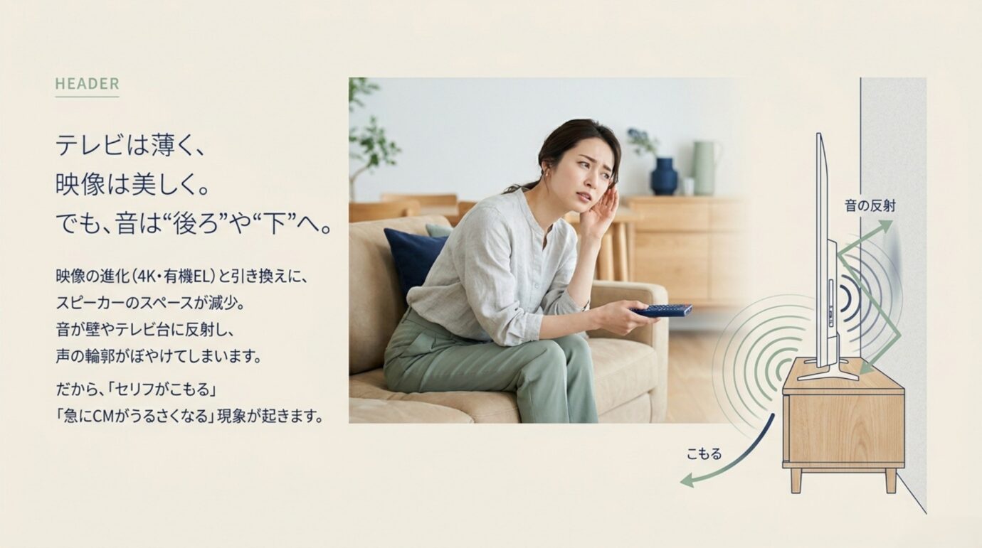 薄型テレビの背面や下向きスピーカーで音が反射してこもる仕組み