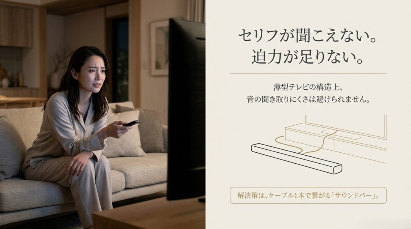 薄型テレビの音が聞き取りにくい女性と、ケーブル1本で接続するサウンドバーの解決策を示すスライド