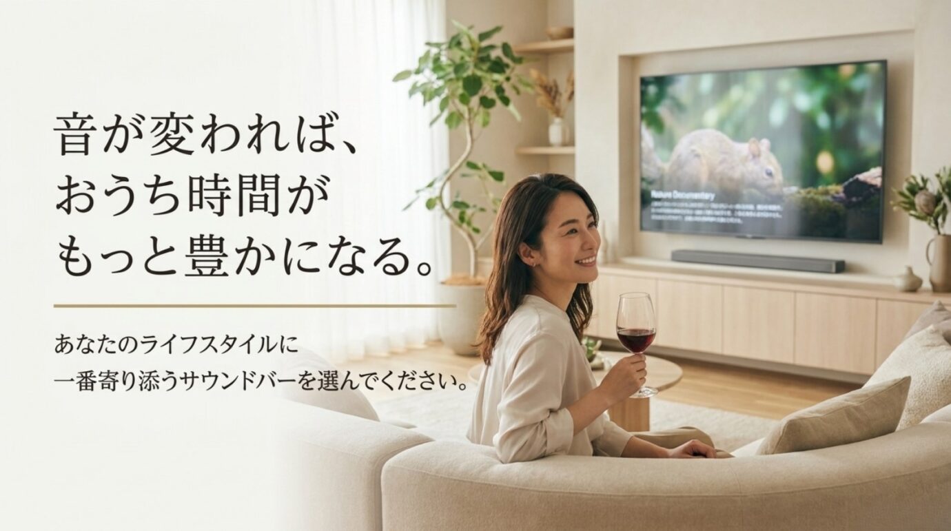 サウンドバーを設置したリビングでテレビ時間を楽しむ女性と記事まとめのスライド