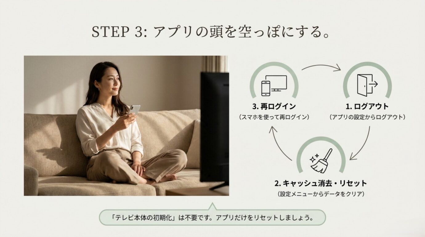 VIERAのYouTubeアプリをリセットする手順 YouTubeからログアウトしキャッシュ消去やアプリリセット後に再ログインする流れ