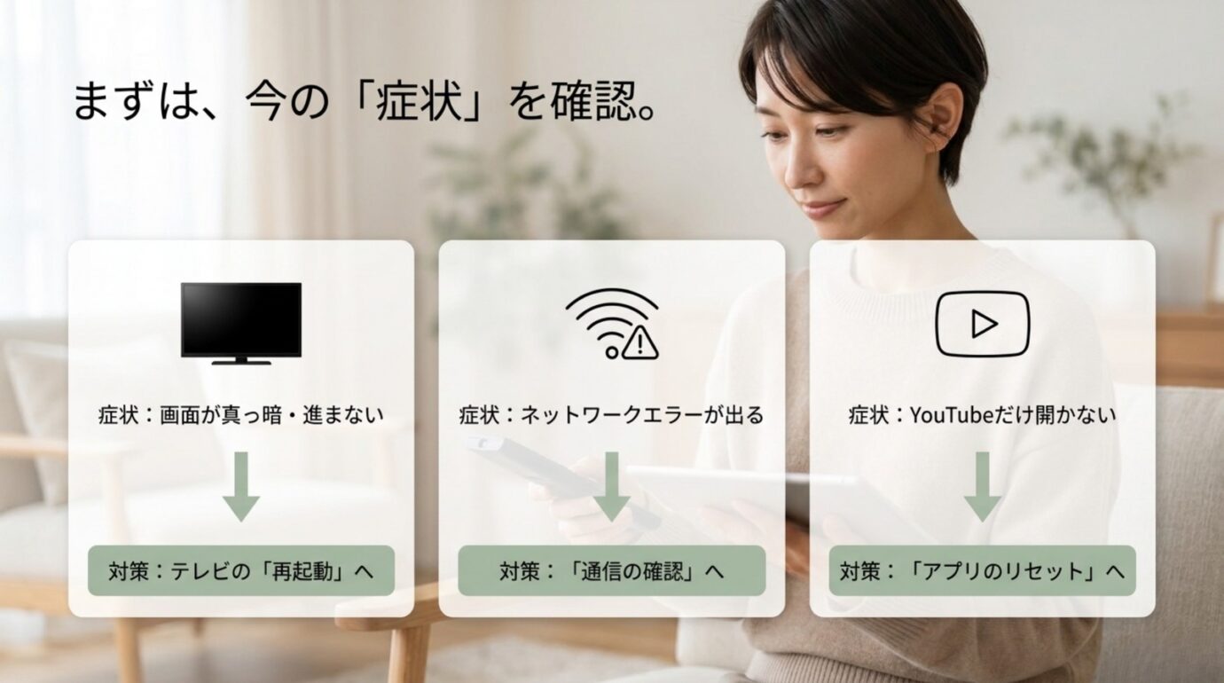 VIERAでYouTubeが見れない症状別の切り分け 黒い画面、ネットワークエラー、YouTubeだけ開かない症状別の対処法