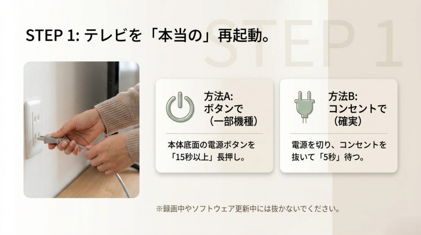VIERA本体を正しく再起動する方法 VIERAの電源ボタン長押しとコンセント抜き差しによる再起動方法