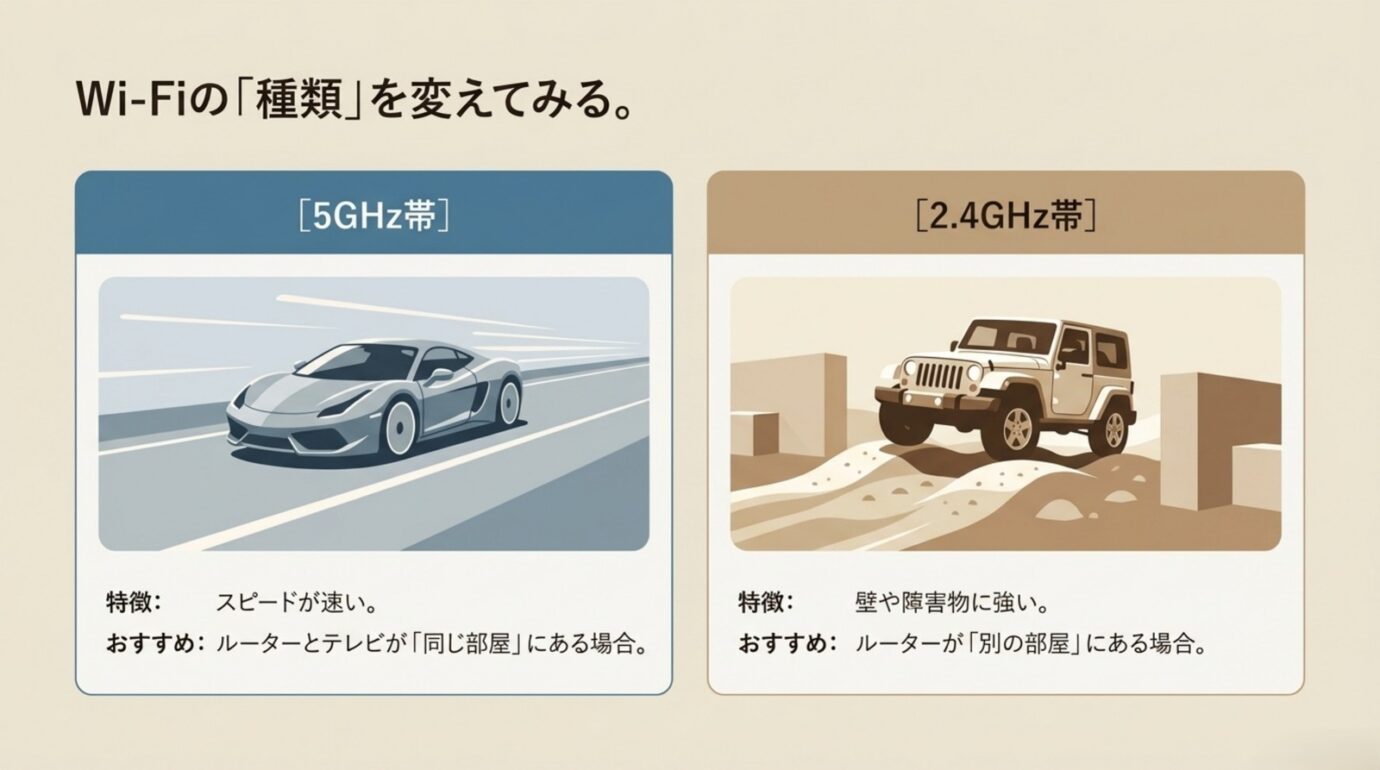 VIERAのWi-Fiは2.4GHzと5GHzを使い分ける VIERAのWi-Fi接続で5GHzと2.4GHzを設置環境に応じて選ぶ比較