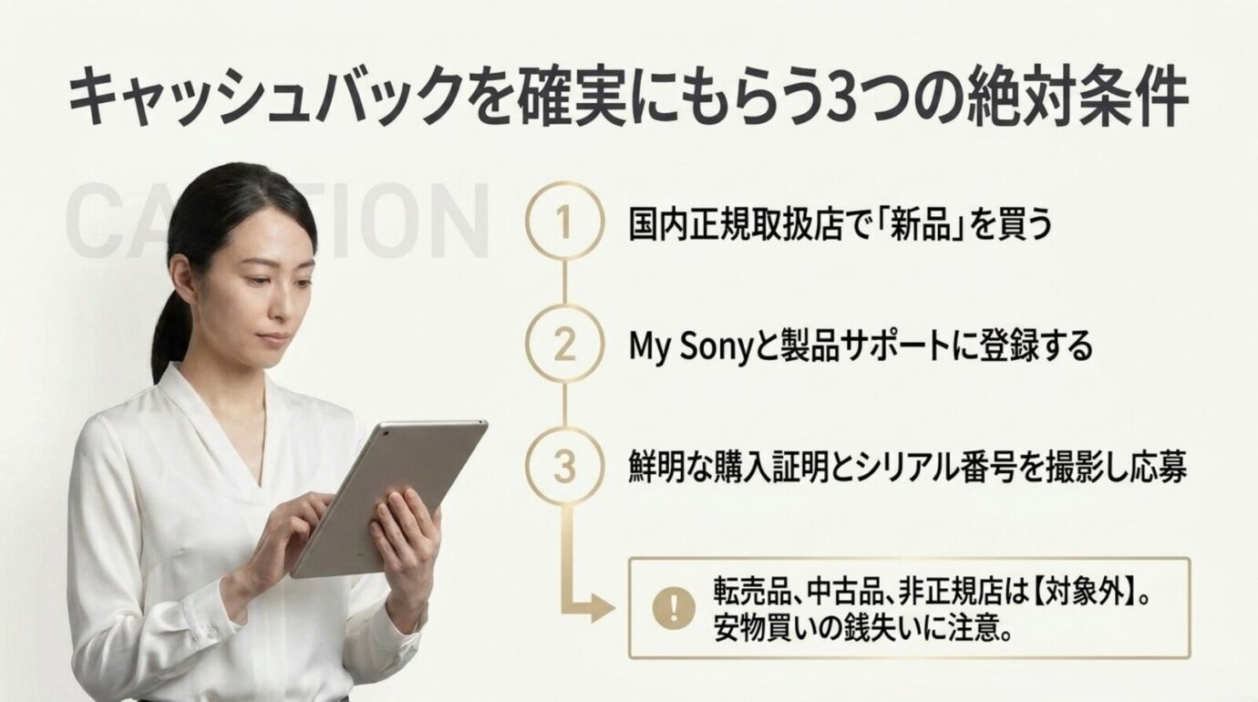 ブラビアキャッシュバックの応募条件 国内正規取扱店の新品購入とMy Sony登録と購入証明シリアル番号が必要なキャッシュバック条件