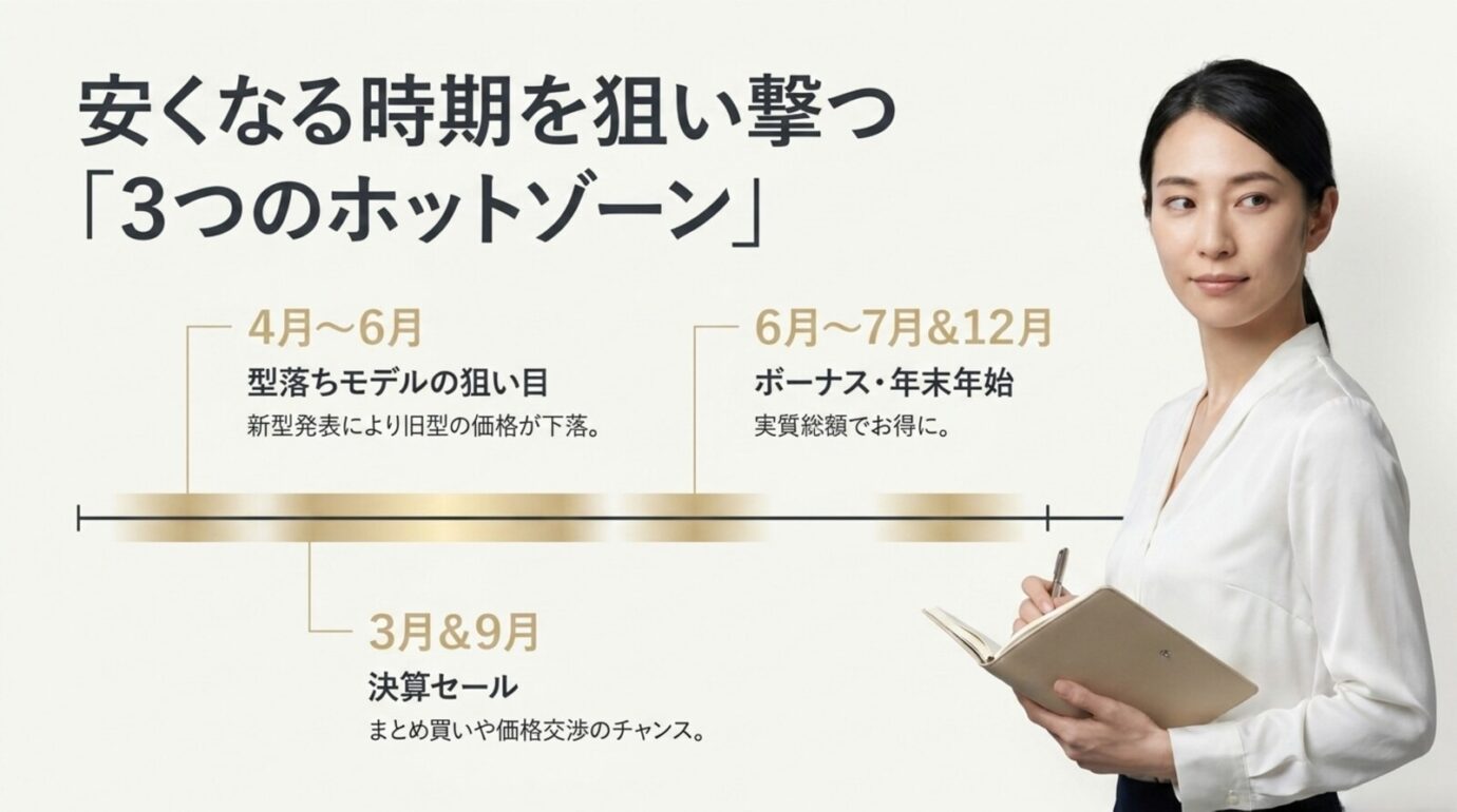ブラビアが安くなる時期 ブラビアの型落ちが狙える4月から6月と決算セールの3月9月とボーナス年末年始を示した図