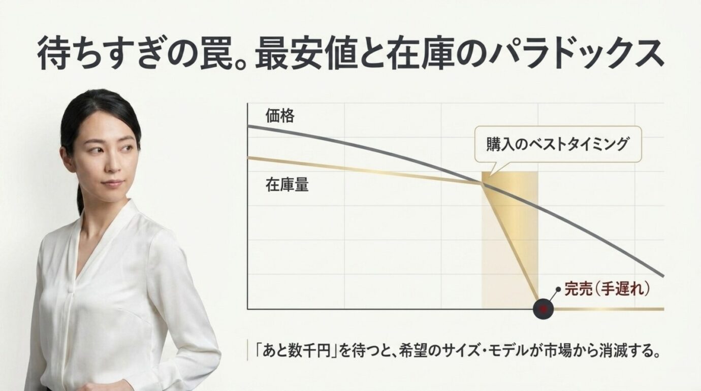 型落ちブラビアの底値と在庫の関係 型落ちブラビアの価格と在庫量が減少し完売前に購入するタイミングを示すグラフ