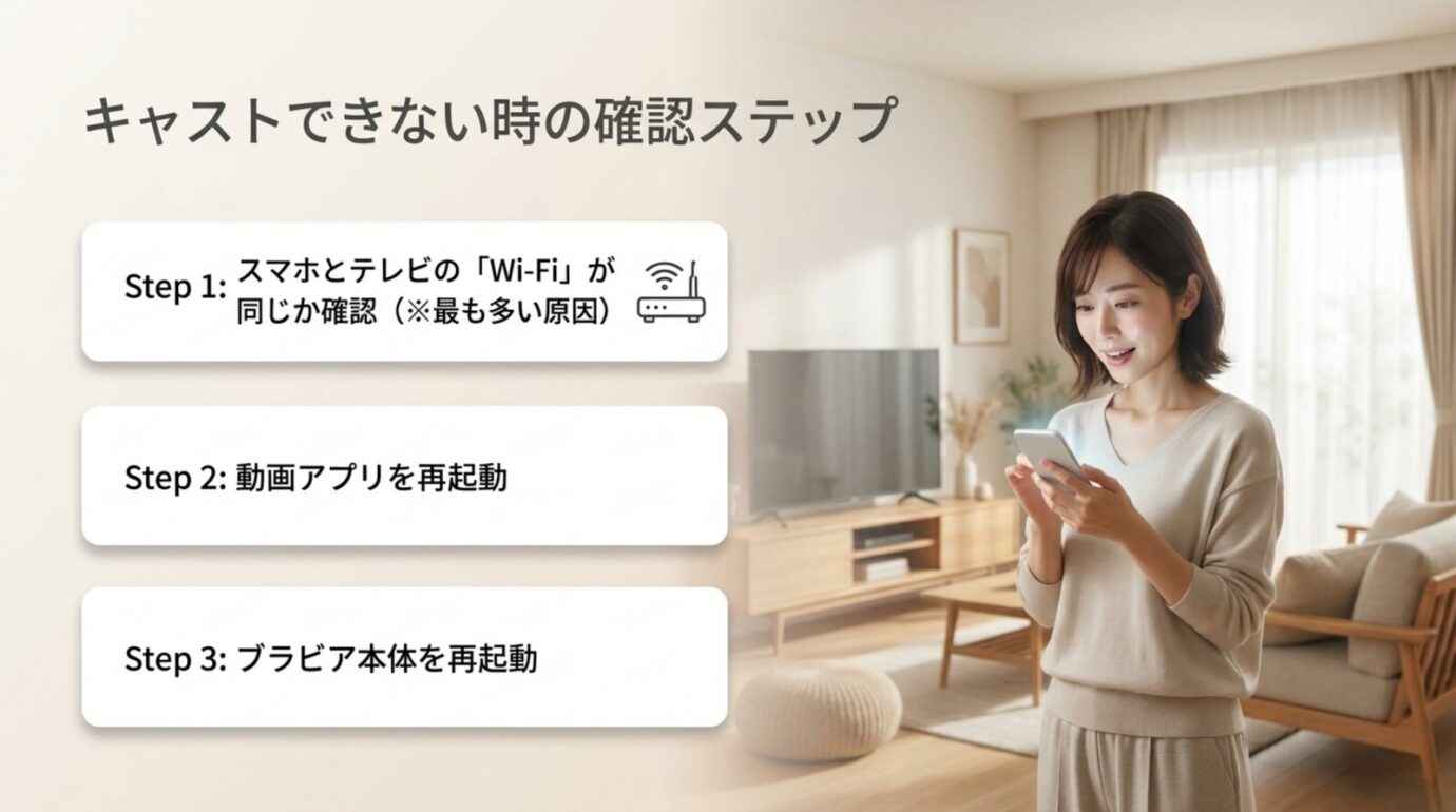 ブラビアでGoogle Castできない時に同じWi-Fi アプリ再起動 本体再起動を確認する手順