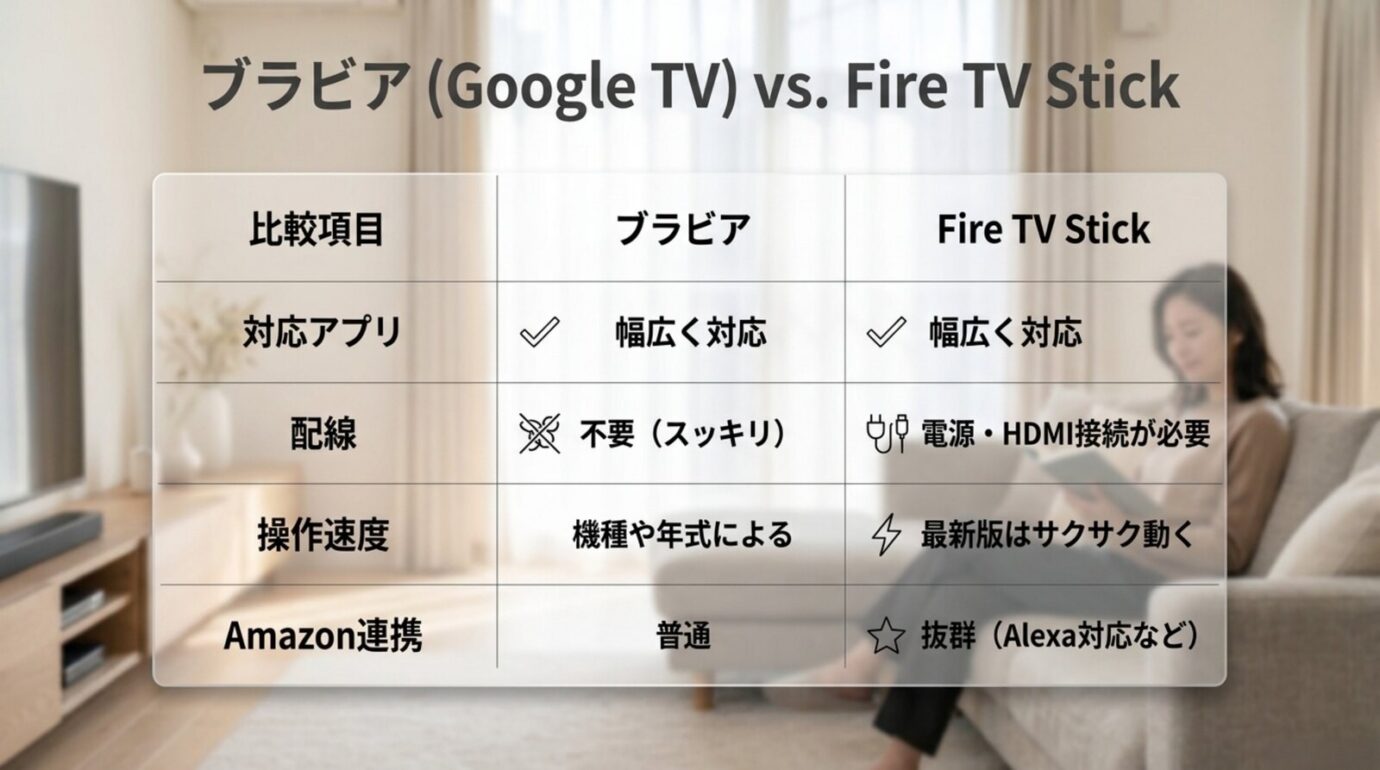 ブラビアのGoogle TVとFire TV Stickを対応アプリ 配線 操作速度 Amazon連携で比較した表