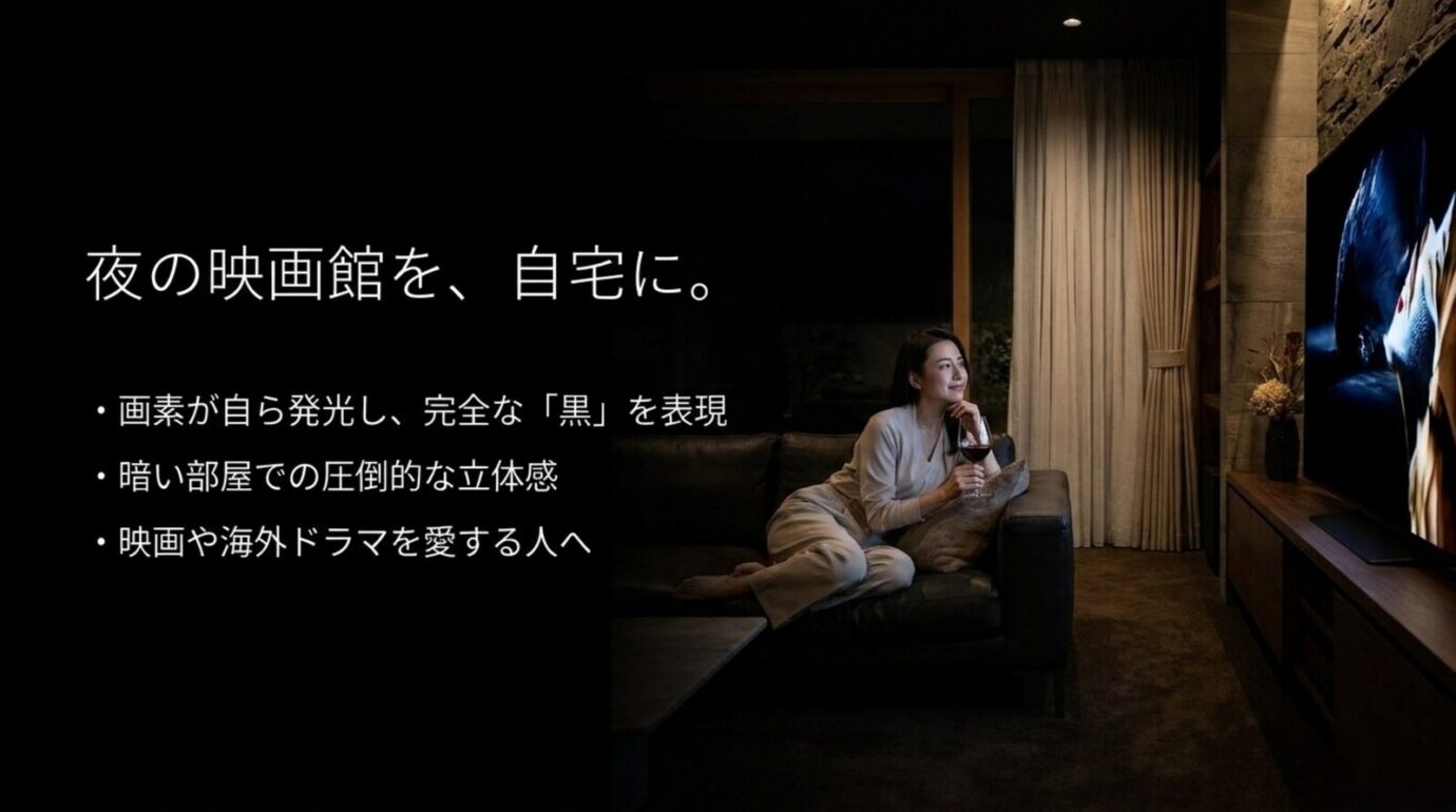 暗い部屋で有機ELテレビを見ながら映画を楽しむ視聴イメージ