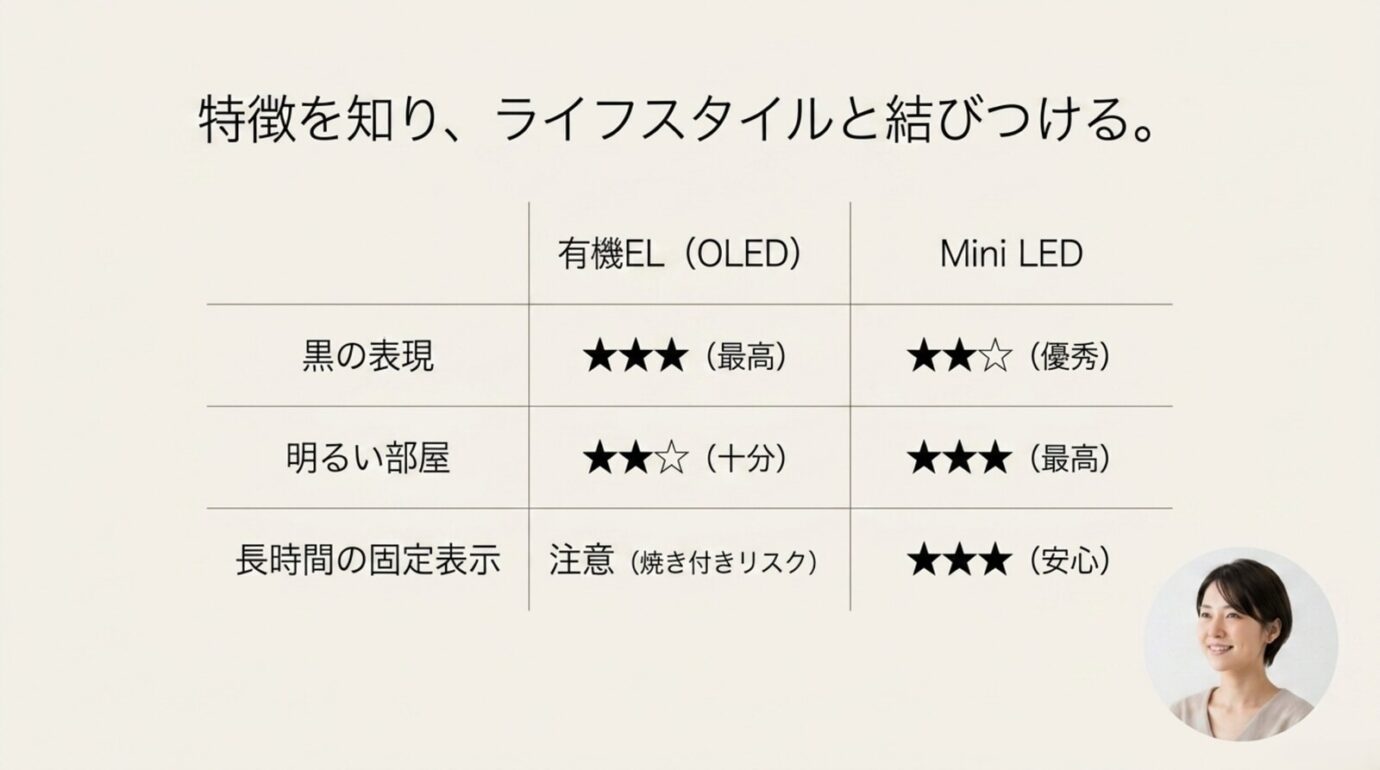 有機ELとMini LEDを黒の表現、明るい部屋、長時間の固定表示で比較した表