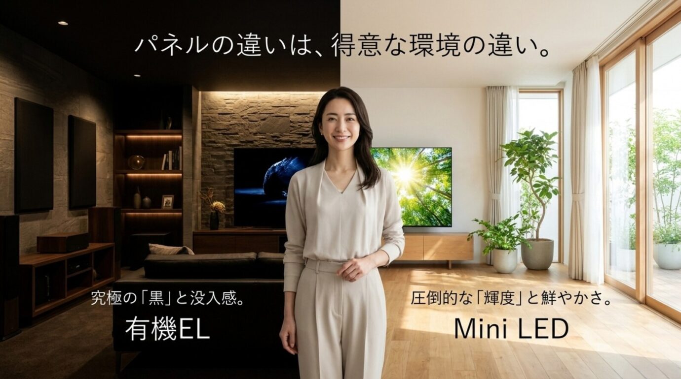 暗い部屋の有機ELと明るい部屋のMini LEDの得意な視聴環境を左右で比較