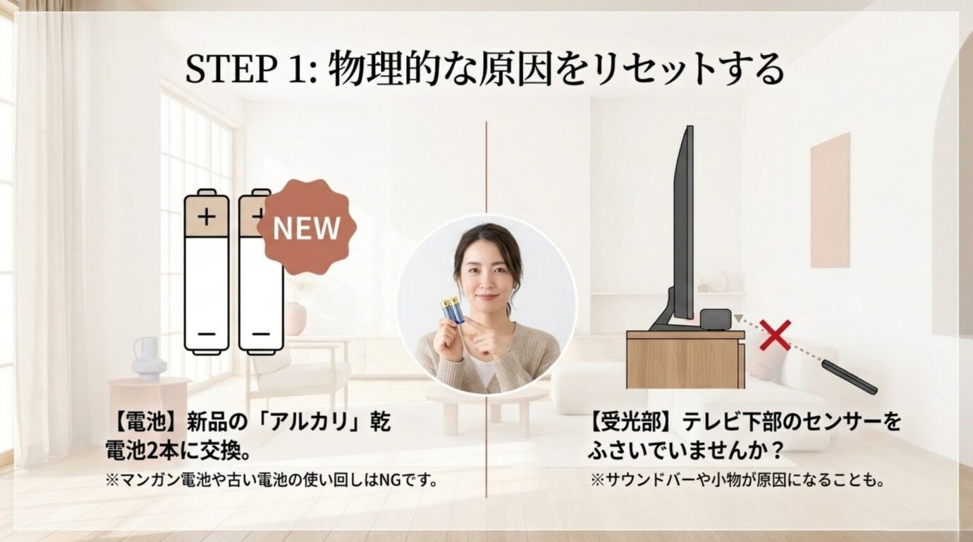 ブラビアのリモコンが効かないときに新品電池への交換とテレビ受光部の障害物を確認する方法