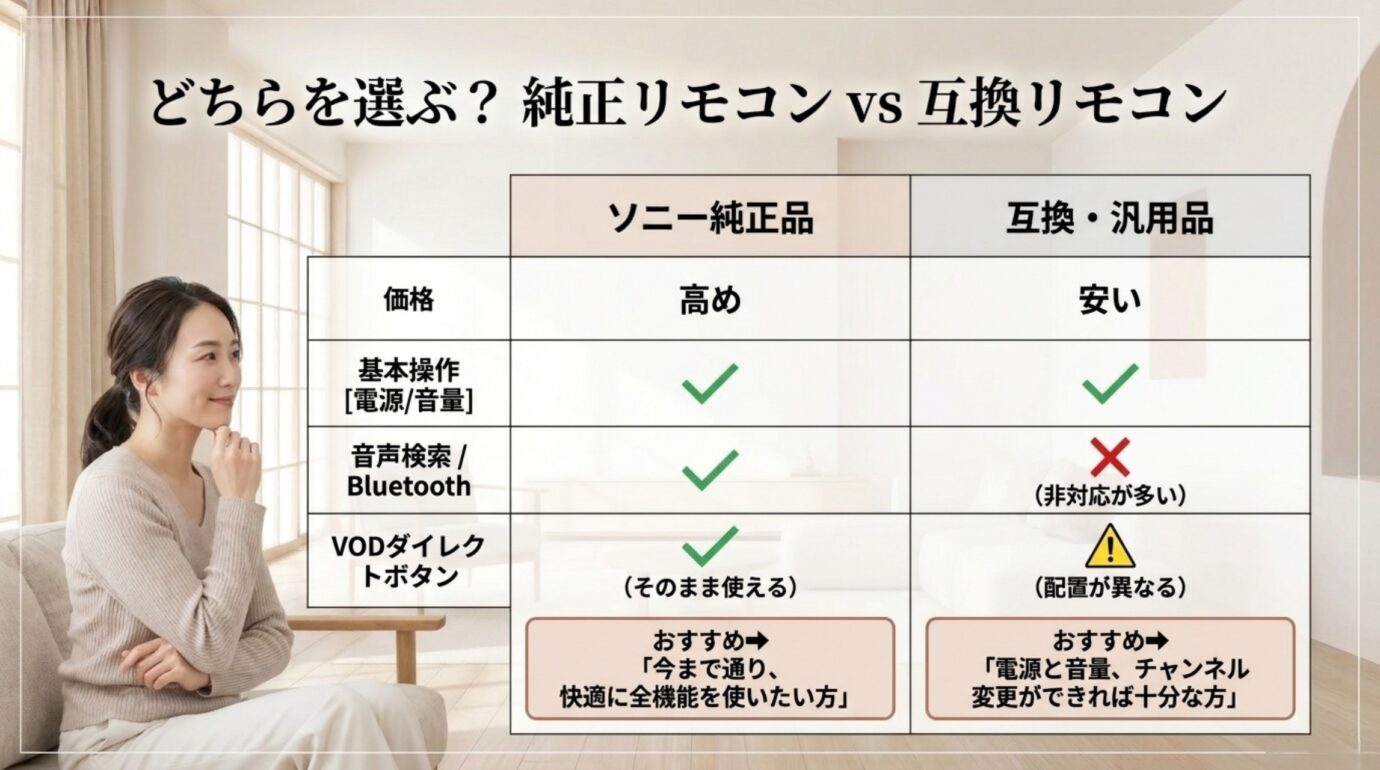 ブラビアのソニー純正リモコンと互換汎用リモコンを価格、基本操作、音声検索、Bluetooth、VODボタンで比較した表