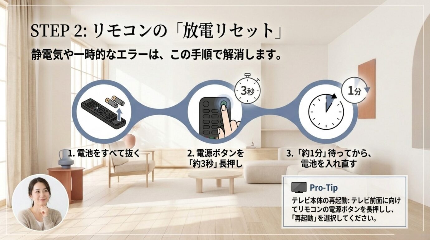 ブラビアのリモコンから電池を抜いて電源ボタンを3秒押し約1分待つ放電リセットの手順