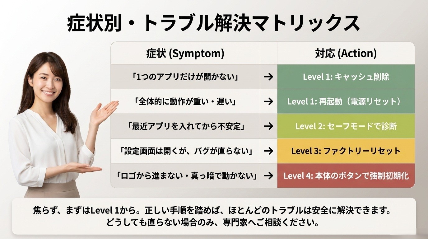 ブラビアの症状ごとにキャッシュ削除、再起動、セーフモード、ファクトリーリセット、強制初期化を選ぶ表