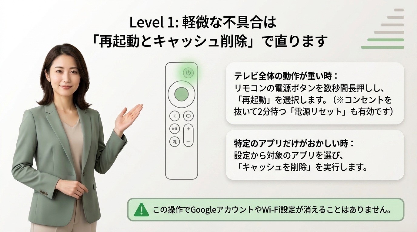 ブラビアの軽微な不具合で再起動とアプリのキャッシュ削除を試す方法を示したスライド