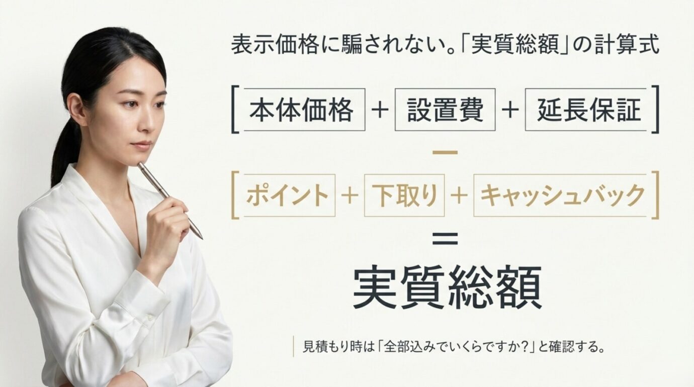 ブラビア購入の実質総額の計算方法 ブラビアの本体価格と設置費と延長保証からポイント下取りキャッシュバックを差し引く実質総額の計算式