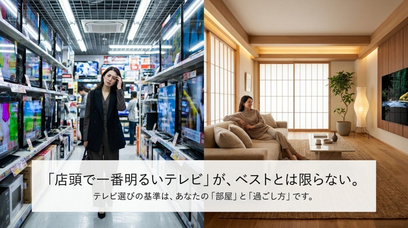 明るい家電量販店と自宅のリビングでテレビの見え方が異なることを示す比較