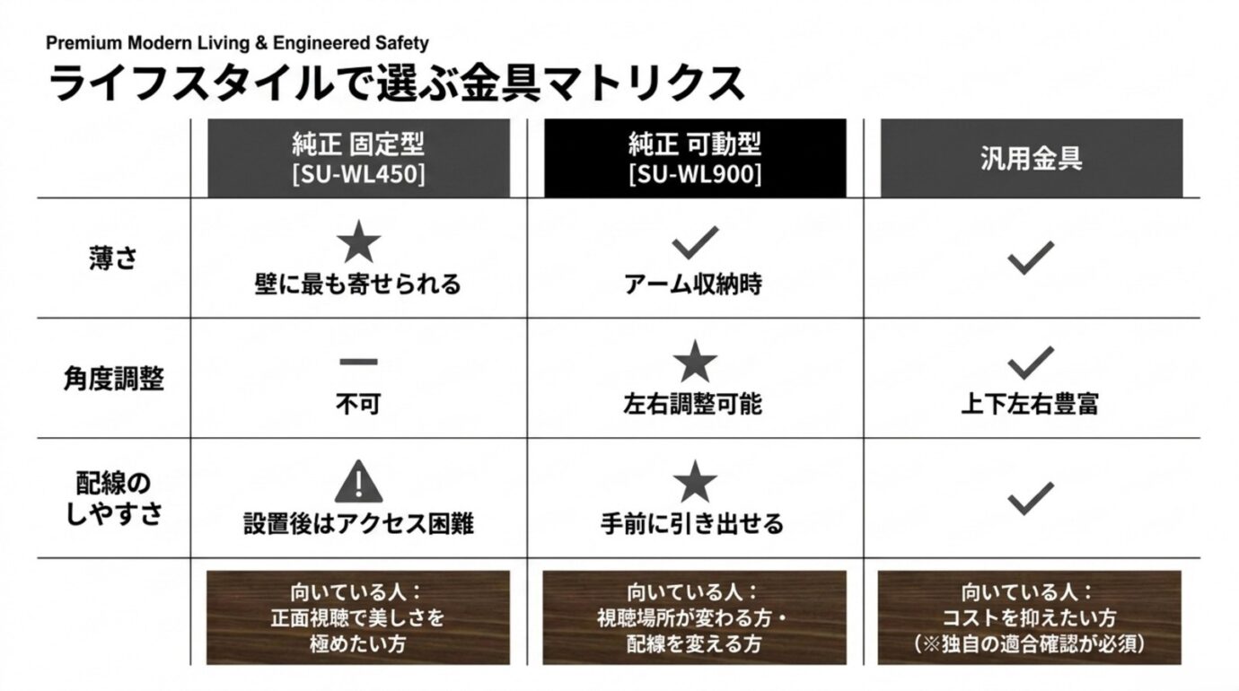 ソニー純正SU-WL450・SU-WL900・汎用壁掛け金具を薄さ・角度調整・配線のしやすさで比較した表