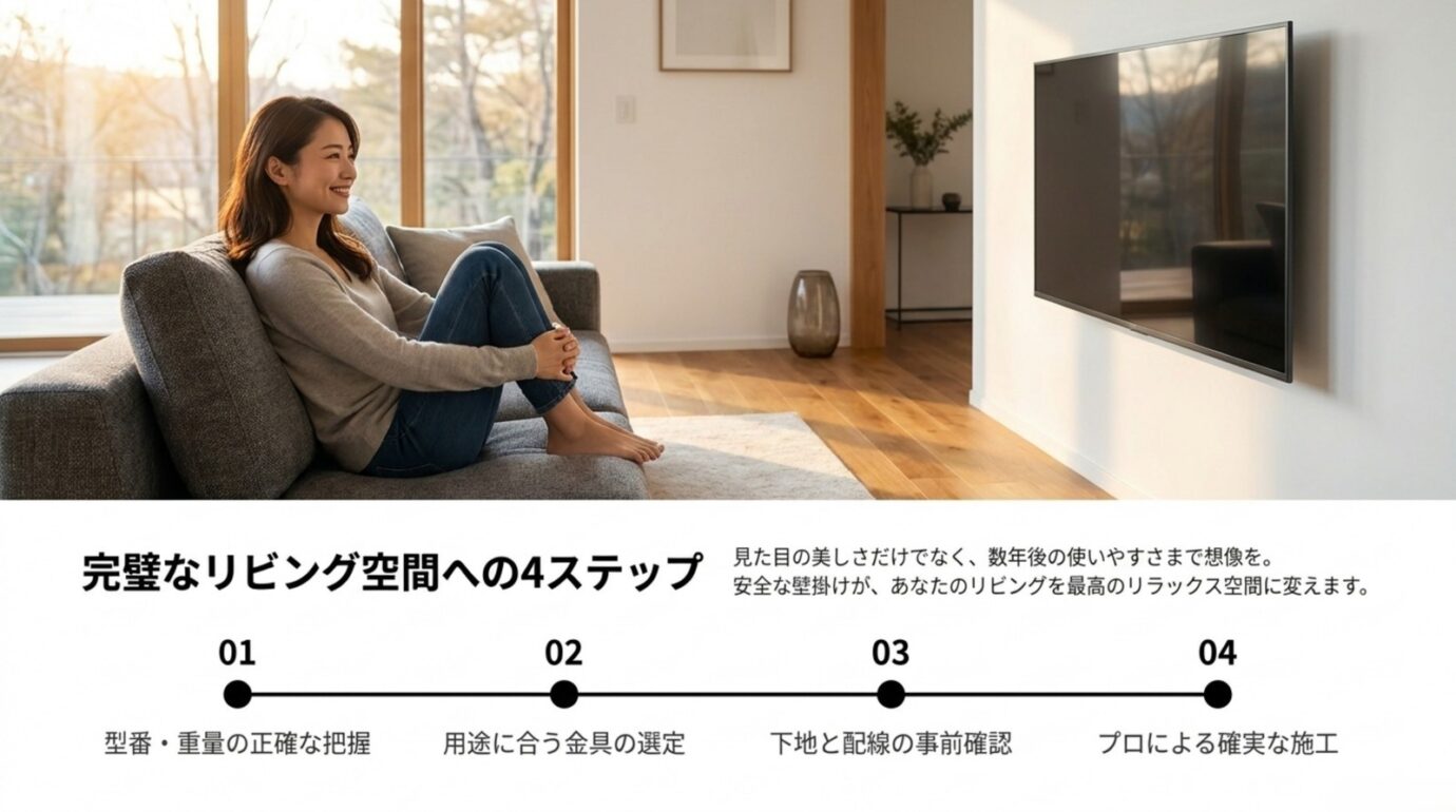 ブラビア壁掛けを型番確認・金具選定・下地と配線確認・専門業者施工の4段階で示した図