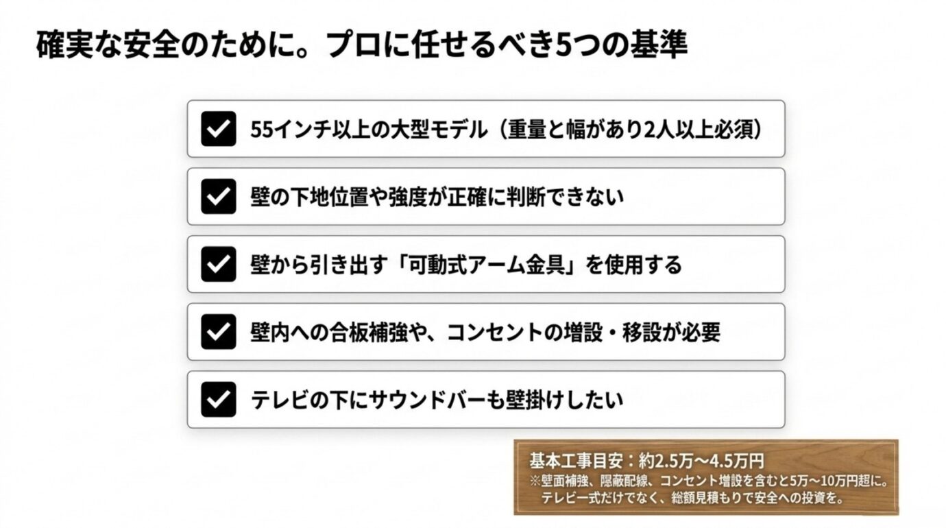 55インチ以上・下地不明・可動式金具・補強や電気工事・サウンドバー設置を専門業者へ任せる基準
