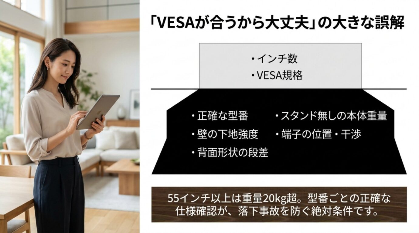 ブラビア壁掛けではVESA規格だけでなく型番・重量・下地強度・端子位置・背面段差の確認が必要と示す図