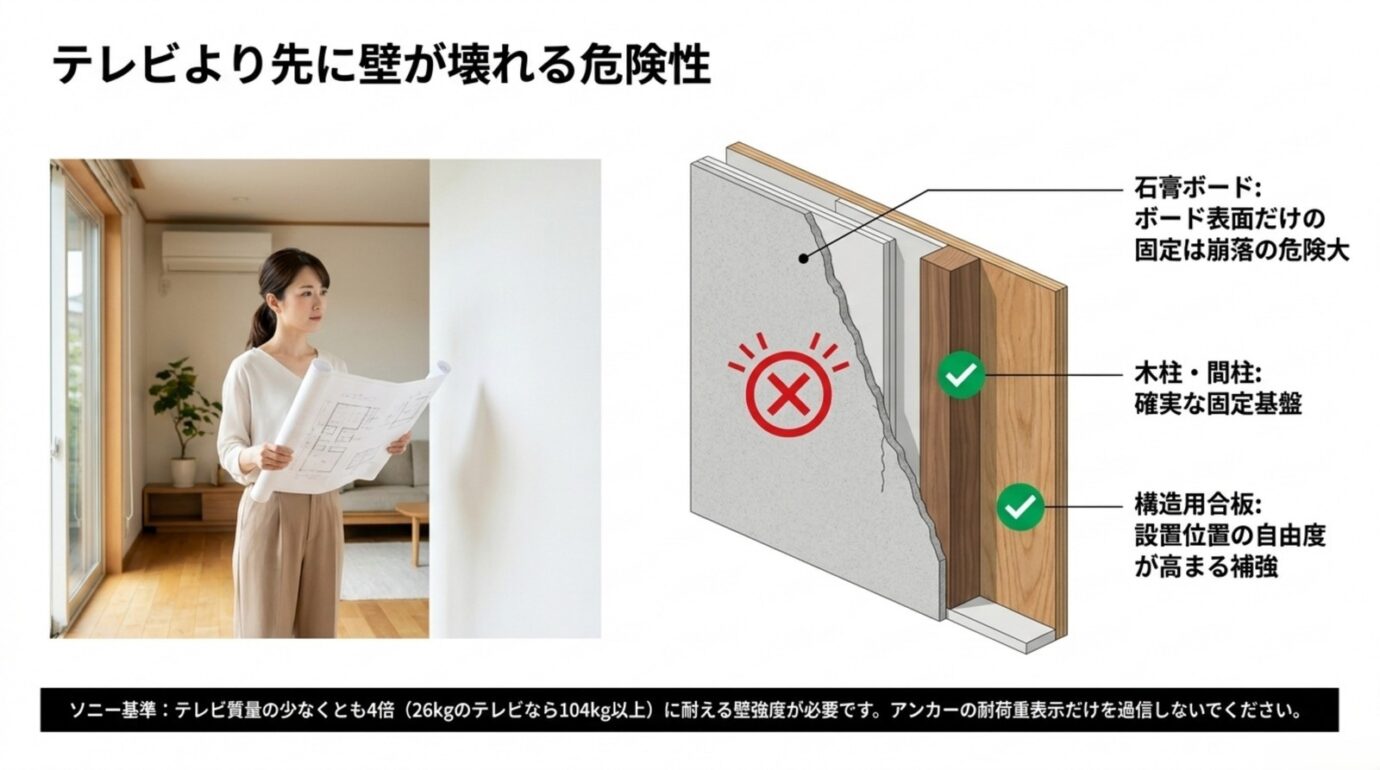 石膏ボード表面への固定は危険で木柱・間柱または構造用合板への固定が必要と示す壁の断面図