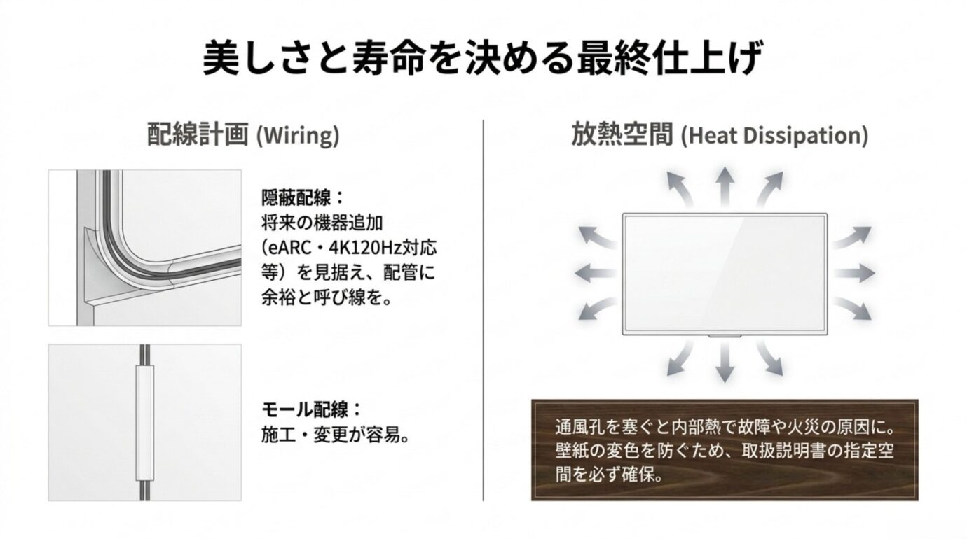 壁内隠蔽配線とモール配線の違い、ブラビア周囲の放熱空間確保を示す図