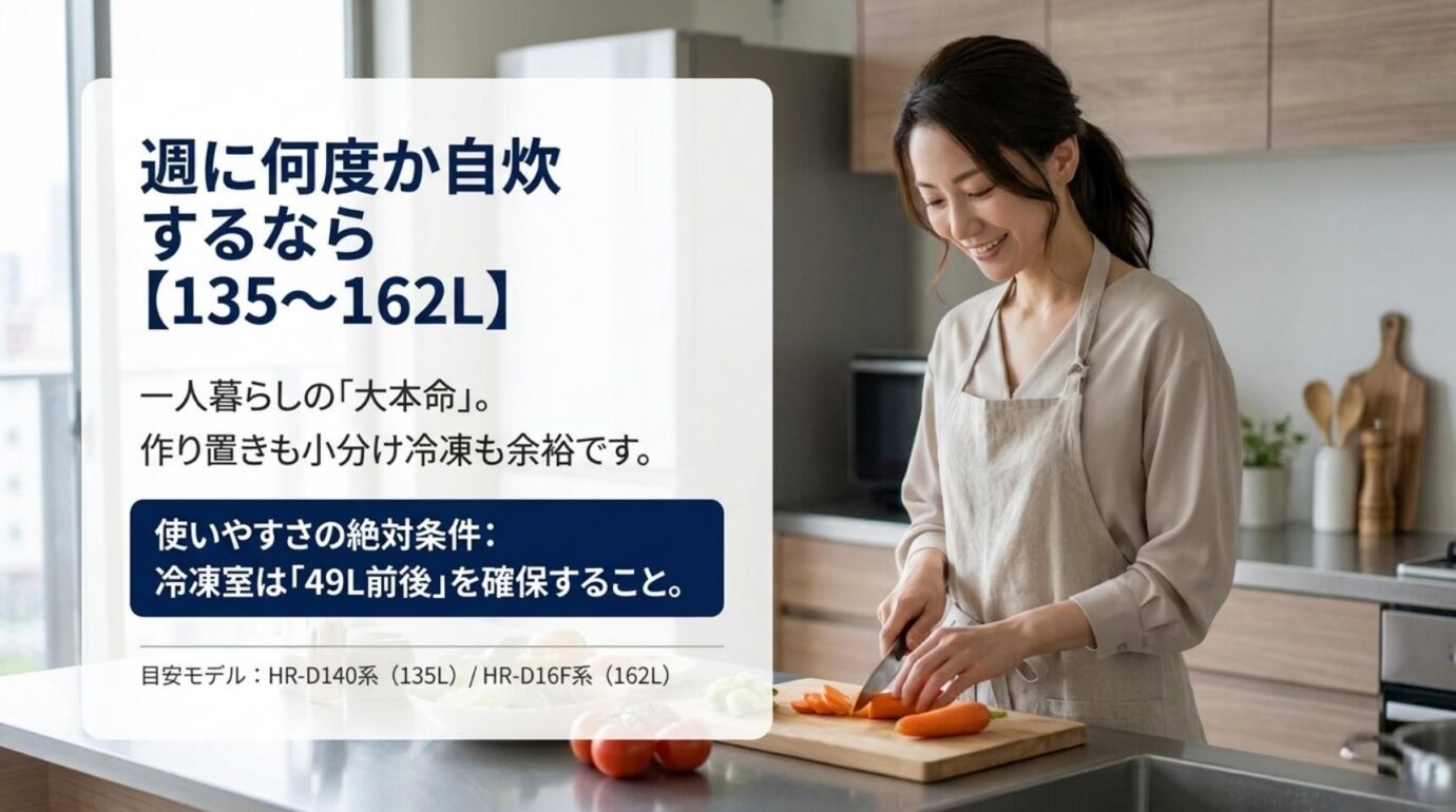自炊する一人暮らしにはハイセンス135Lから162Lで冷凍室49L前後の冷蔵庫が使いやすい