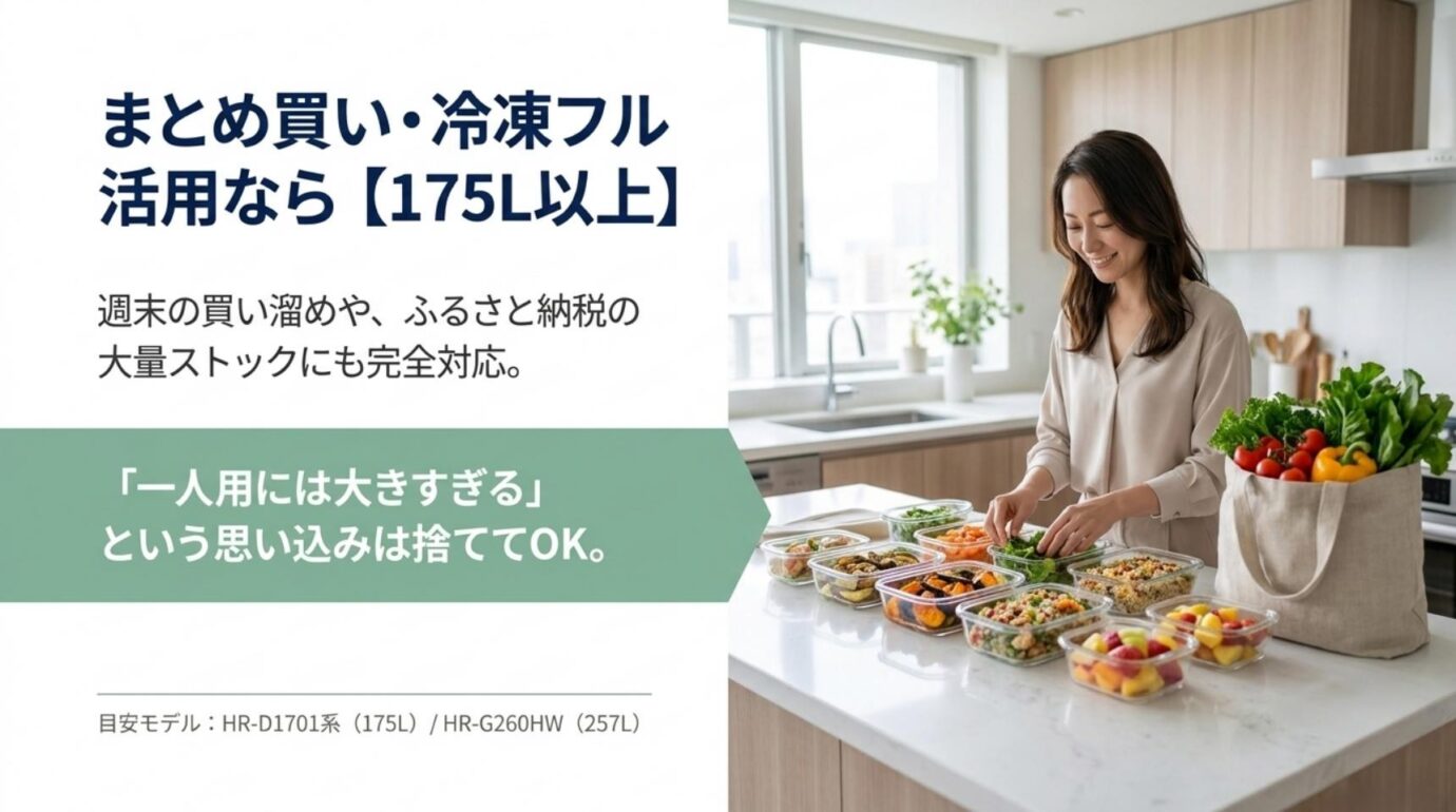 まとめ買いや作り置きが多い一人暮らしならハイセンス175L以上の冷蔵庫が候補